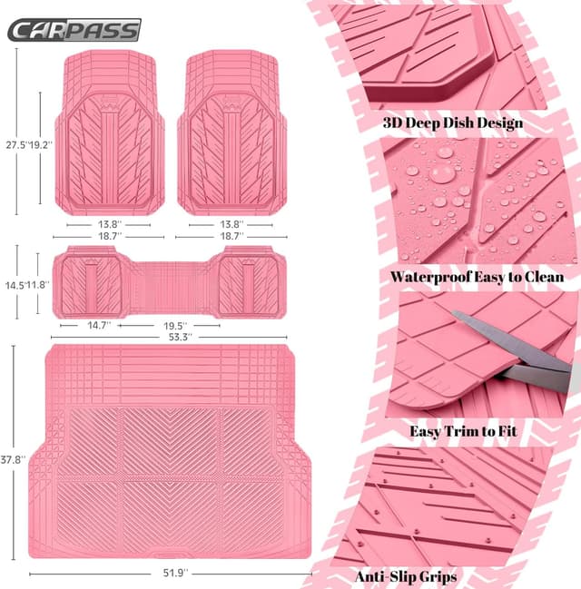 Detalle de CAR PASS All-Pink M-L Heavy Duty Rubber Car Floor Mats with Trunk Cargo Liner (Universal Trim-to-Fit)