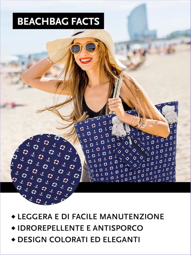 Detalle 2 de DonDon Borsa da spiaggia grande con chiusura zip 58 x 38 x 18 cm stile marinaro yacht