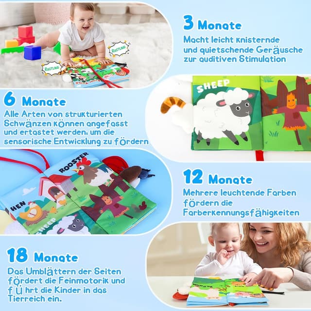 Detalle 2 de BBWOO Babybuch mit Knister-, Stoff- und Fühl-Elementen – Quiet Book mit Beißring für Babys ab 0+ Monaten