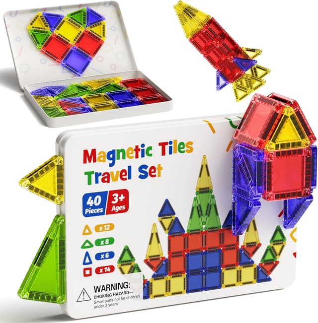 Detalle de Magnetic Tiles Construction Set 42pcs in travel metal box – portable magnetic building blocks for ages 3+