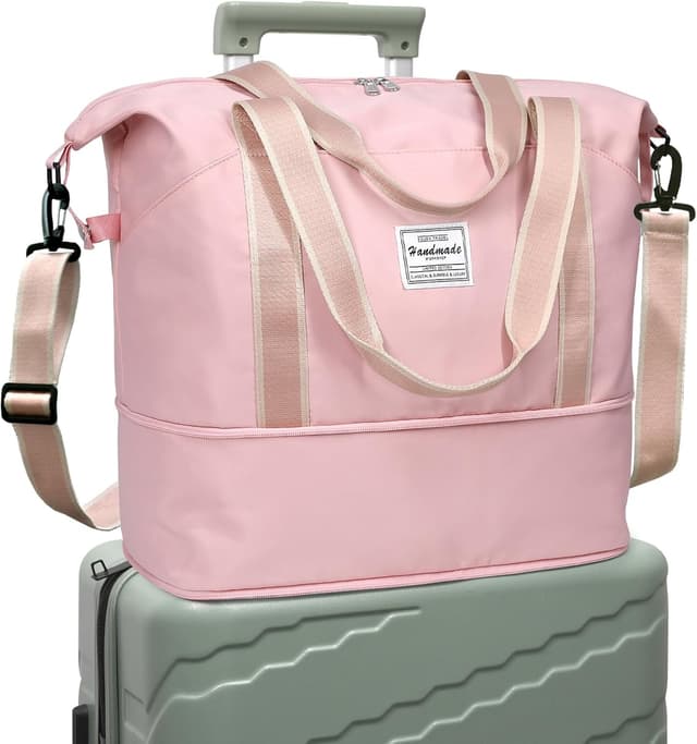 Detalle de DMLuna Travel Duffel Bag Rose Gold – expandable weekender with trolley sleeve and dry/wet pocket