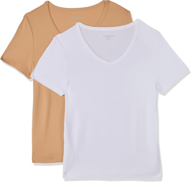 Detalle 2 de Amazon Essentials T-shirt col en V manches courtes coupe ajustée femme, lot de 2
