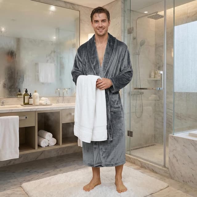 Detalle de U2SKIIN Herren Fleece-Bademantel aus Plüsch – weich wärmender Morgenmantel für Nachtwäsche & Sauna