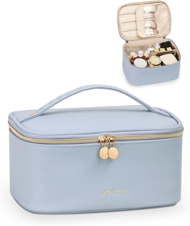 Imagen de Prite Große Kosmetiktasche für Damen – Reise-Kulturtasche aus wasserdichtem veganem Leder, mit Griff & abnehmbarem Trenner (Blau) en OfertitasTOP