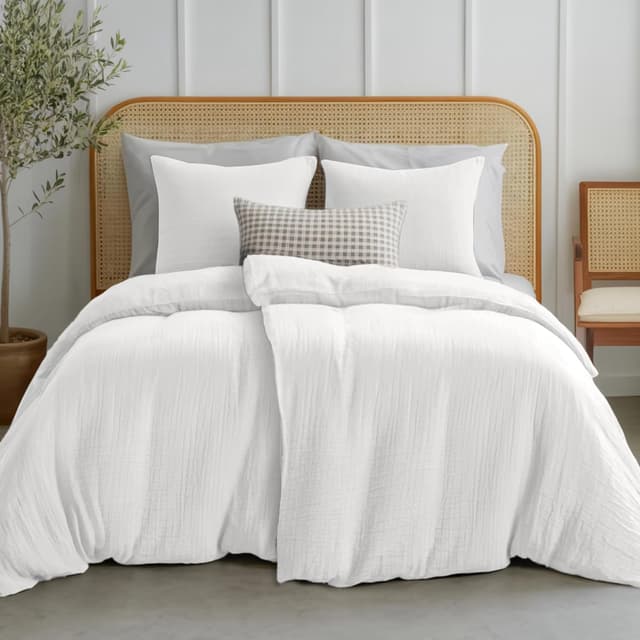 Detalle de Dreamzie Musselin-Bettwäsche 135x200 cm (100% Baumwolle) mit Reißverschluss, 2 Kissenbezüge 80x80 cm – Weiß