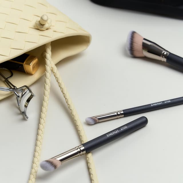 Detalle de Energy Beauty ENERGY 3-in-1 Make-up-Pinsel-Set (3-teilig) mit tragbarer Reisetasche – Foundation- & Concealer-Pinsel