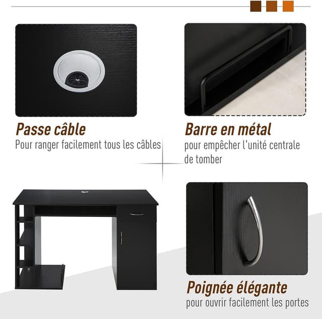 Detalle 2 de HOMCOM Bureau informatique 120 x 60 cm avec multi-rangements, étagère et tiroir — noir