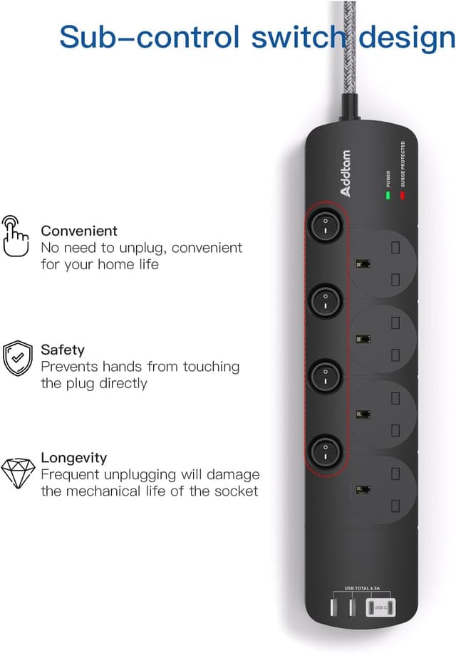 Detalle de Addtam Extension Lead 1.8m with 4 Outlets and 4 USB Ports (2x Type-C, 2x USB-A) and 1050J Surge Protection, Black