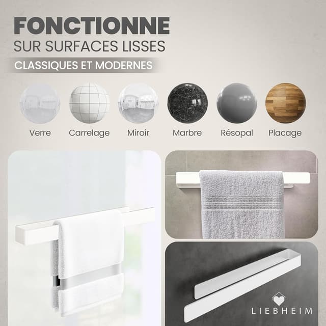 Detalle de LIEBHEIM porte-serviette mural aluminium blanc 40 cm (sans perçage)