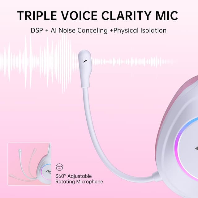 Detalle 2 de AOC Dual-Mode Wireless Gaming Headset (PC, PS5, Switch) – Bluetooth 5.4 + 2.4GHz, 20ms & 45H Battery, Pink