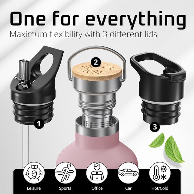 Detalle 2 de Stainless Steel Water Bottle with Straw, Infuser & 3 Lids (Vacuum Insulated ACTIVE FLASK) – 950ml
