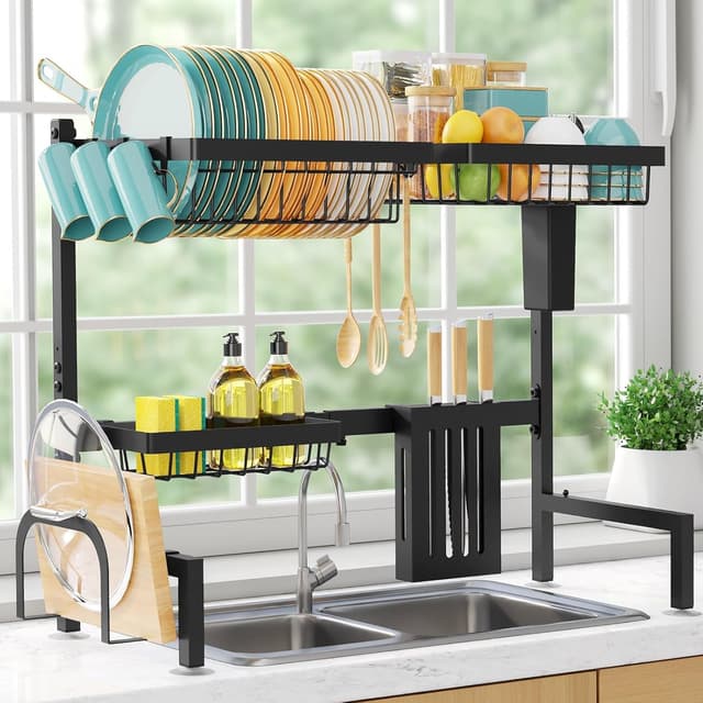 Detalle de Sakugi Over The Sink Dish Drying Rack (Adjustable 2-Tier, Stainless Steel, Black)