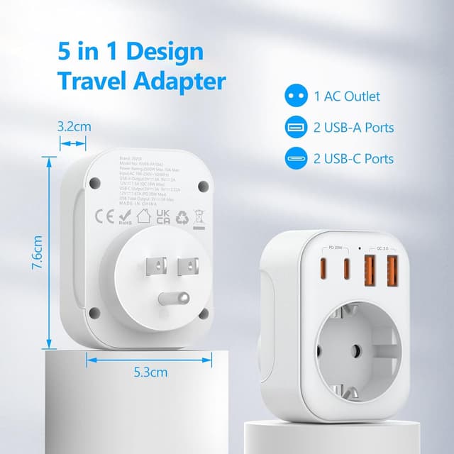 Detalle de JSVER adaptateur prise USA 5 en 1 (France → USA/Canada) avec 2 USB-A et 2 USB-C (PD 20 W) — blanc