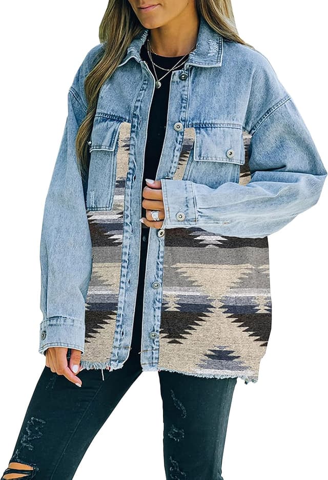 Thumbnail 6 de Lumister Women’s Aztec Denim Jacket (Distressed Lapel, Long Sleeve Button-Down Shacket)