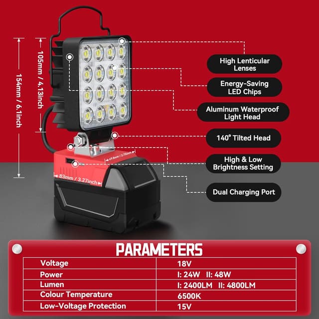 Detalle de Lampada LED Ricaricabile LIVOWALNY 48W 4800LM per batterie Milwaukee 18V con doppio interruttore (USB-C/Type-C, senza batteria)