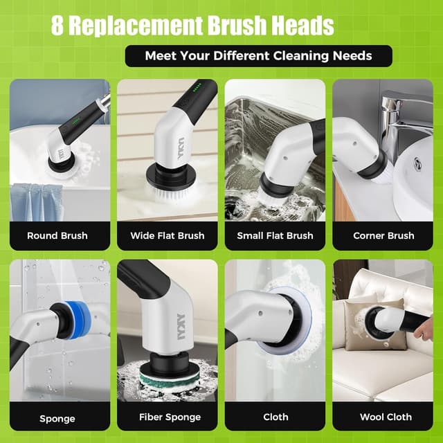 Detalle 1 de YKYI Cordless Electric Spin Scrubber with Adjustable Handle, 2 Speeds & 8 Brush Heads (IPX7)