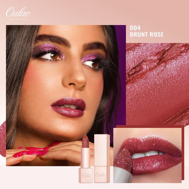 Detalle de OULAC Rossetto Diamond Lustre Set: rossetto glitter rosa ad alta pigmentazione, texture cremosa e formula idratante vegan