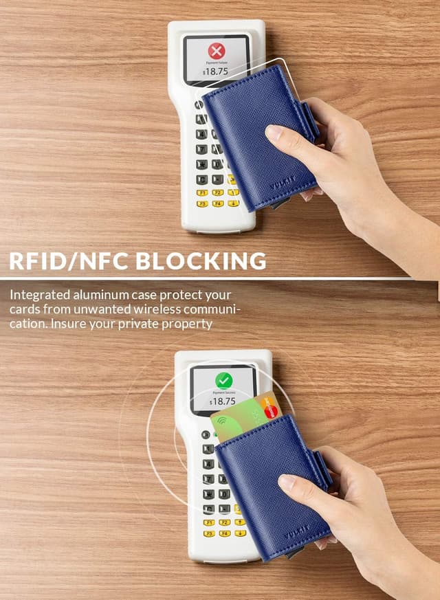 Detalle de VULKIT Double Credit Card Holder RFID Blocking Pop Up Metal Card Holder Leather Wallet with Magnetic Closure