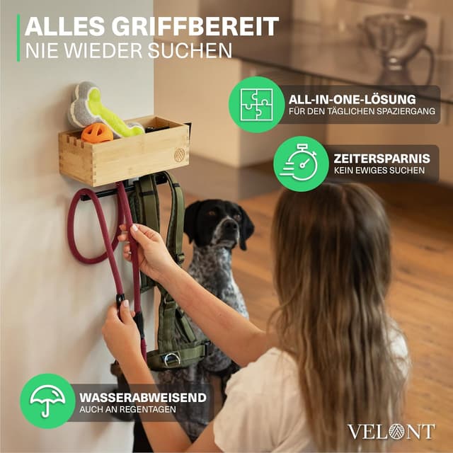 Detalle de VELONT Hundegarderobe mit Ablage personalisiert (Größe XL) – Dogstation für Leinen & Zubehör inkl. Kotbeutelspender und Montagekit