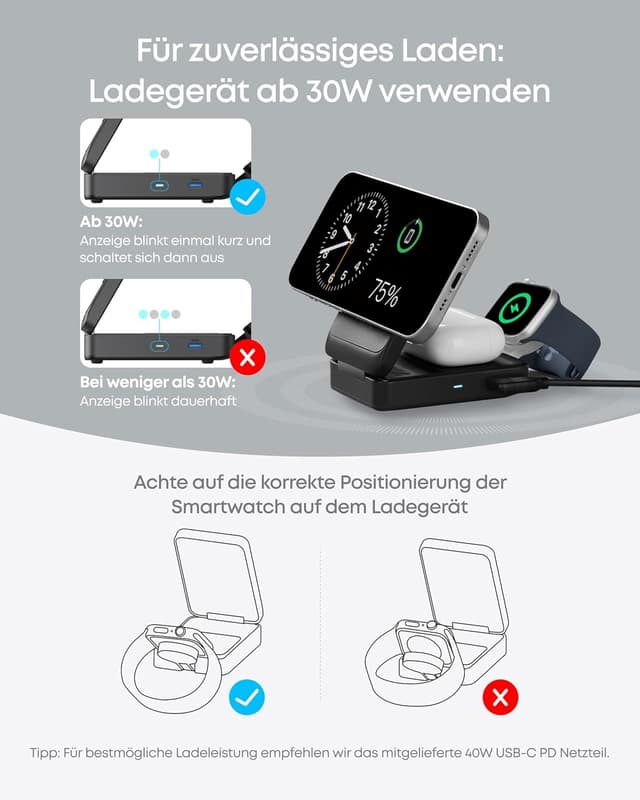 Detalle de Anker MagGo 3-in-1 Ladestation (Qi2, MagSafe kompatibel) mit Apple Watch Ladegerät – 15W kabellos