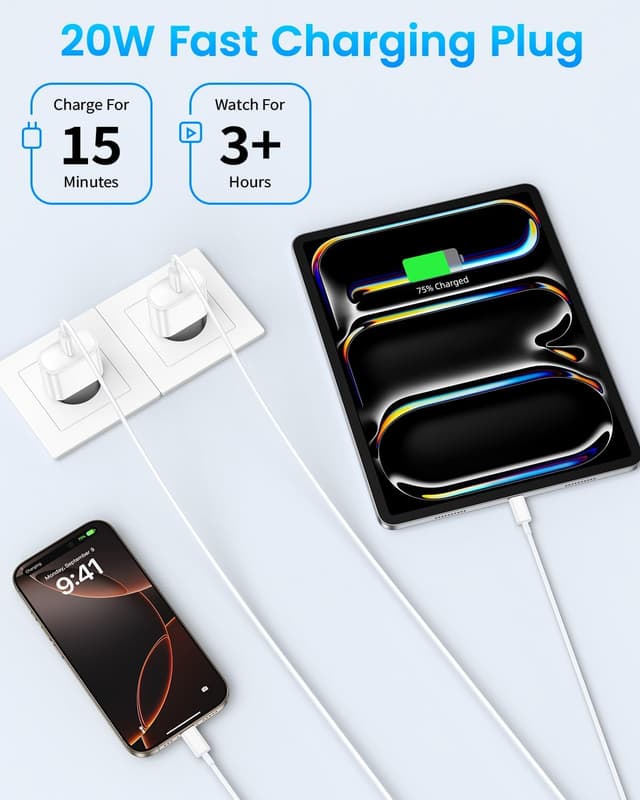 Detalle de 2Pack chargeur rapide USB‑C 20W avec câble 2 m pour iPhone 17/16/15 Pro et iPad Pro/Air/Mini