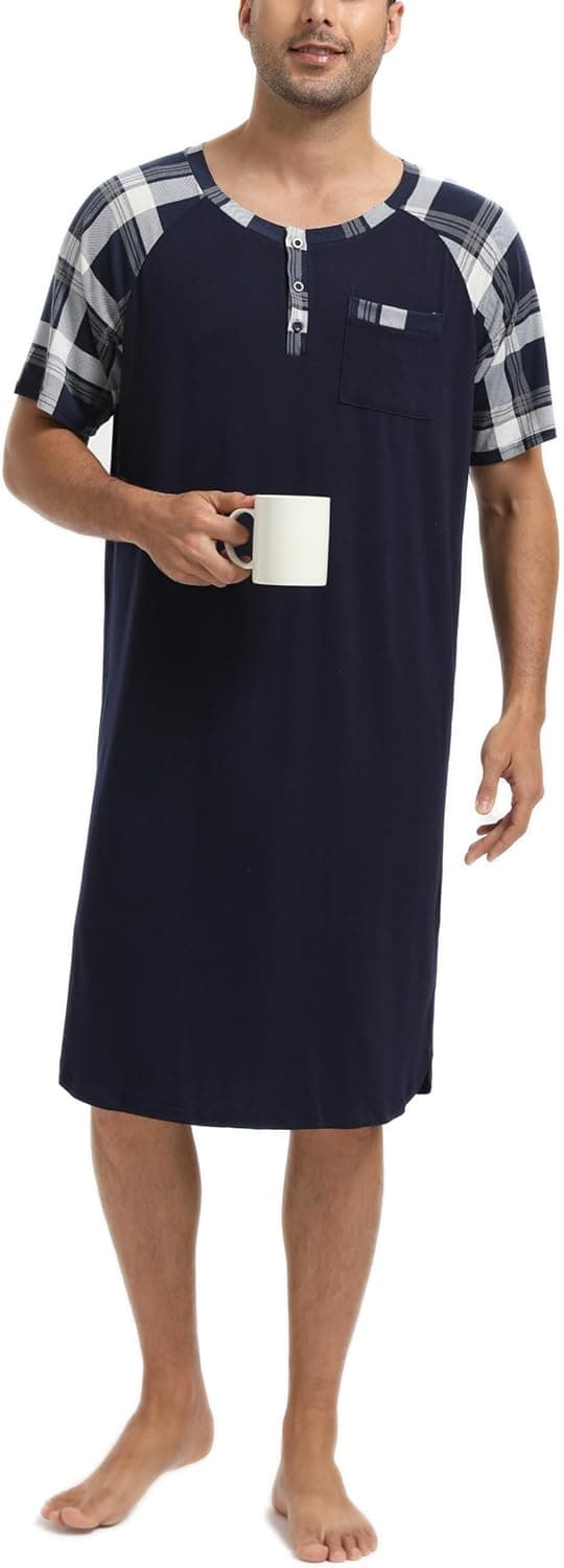 Detalle de Enjoyoself Herren-Nachthemd Kurzarm aus Baumwolle – langes Schlafshirt mit Knöpfen