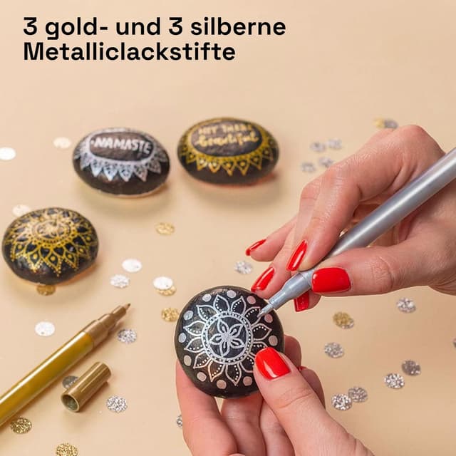 Detalle de Artistro 6 Gold & Silber Acrylstifte (wasserbasiert) – 6er Set mit extra-feiner Spitze für Stein, Keramik, Glas & mehr