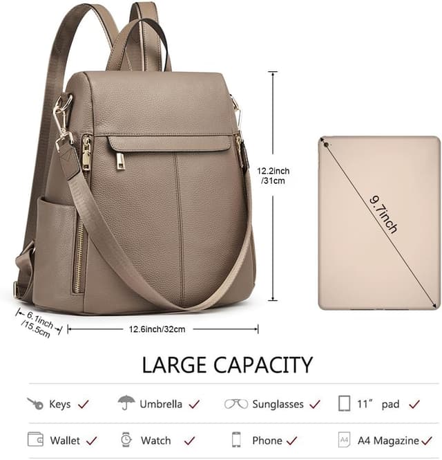 Detalle 2 de Kattee Zaino da donna in vera pelle antifurto minimalista con tracolla per tablet fino a 11" – cachi