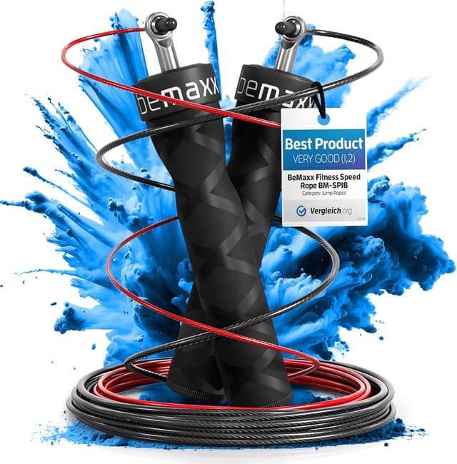 Detalle de Springseil Speed Rope mit Trainings-E-Book & Ersatzkabel – 2 verstellbare Stahlseile, Profi-Kugellager