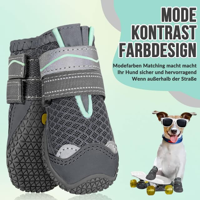 Detalle de Eyein Hundeschuhe Pfotenschutz – atmungsaktiv, rutschfeste Sohle, reflektierender Klettverschluss (4 Stück, Dunkelgrau, Größe 3)