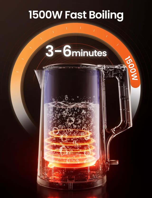 Detalle 2 de COMFEE' 1.7L Double-Wall Electric Tea Kettle (Stainless Steel Interior) with Auto-Off & Boil-Dry Protection, 1500W