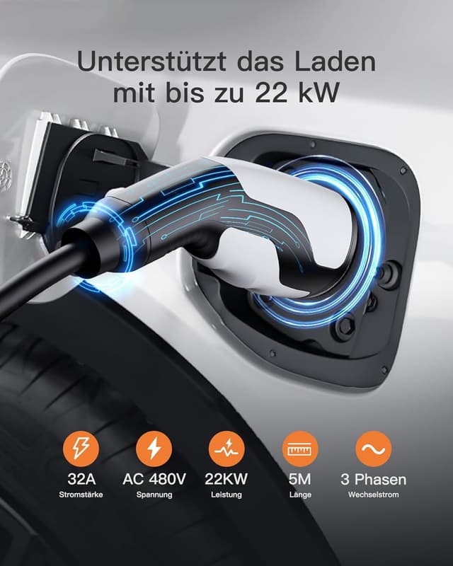 Detalle de tomons Typ 2 Ladekabel 22 kW, 5 m, 32 A (3-phasig) – Typ-2-auf-Typ-2 für EV/PHEV mit Tasche