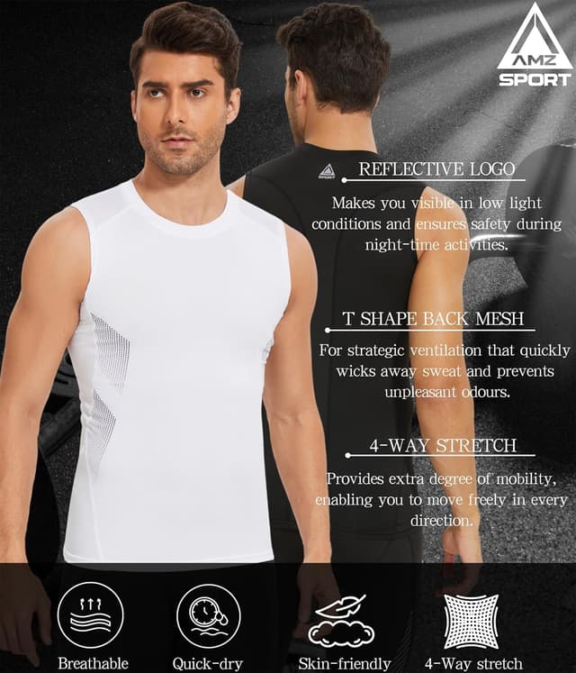 Detalle 2 de AMZSPORT canotta compression da uomo con supporto muscolare e rete traspirante