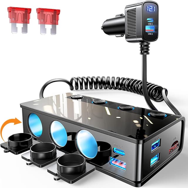 Detalle de LISEN 9 in 1 Car Cigarette Lighter Multi Socket (191W) with USB-C PD 30W and QC 3.0