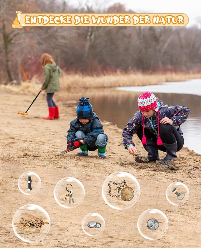 Detalle de Kinder-Metallldetektor OKESAM mit einstellbarem Schaft (30–38 Zoll), Suchspule mit Fuchs-Motiv, Set mit Schaufel und Rechen