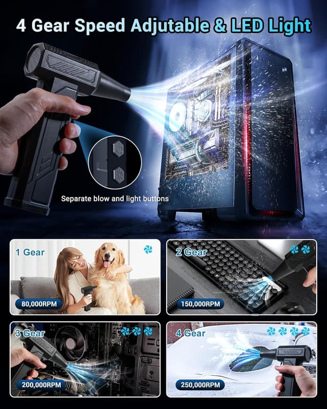 Detalle de WHATOOK Soffiatore aria compressa elettrico senza fili con batteria 8000 mAh e 4 velocità