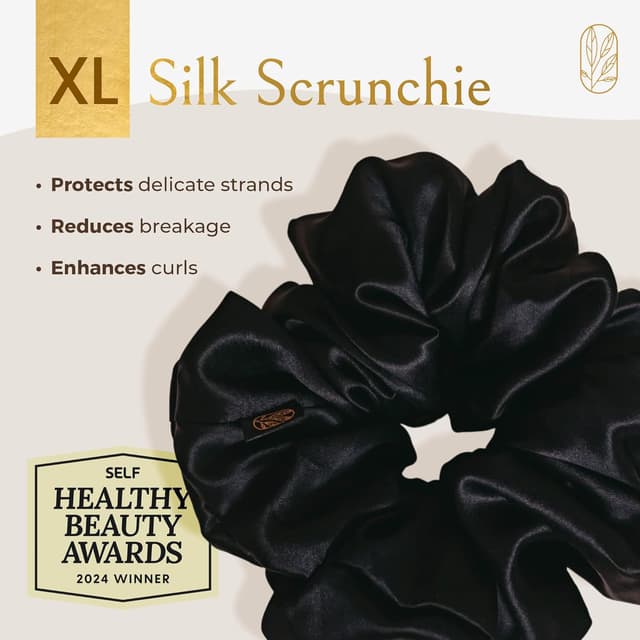 Detalle de Curlfriend Collective Silk Scrunchies for Women (XL Mulberry Silk Ponytail Holders) – Black