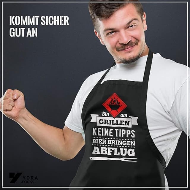 Detalle de YORA Grillschürze für Männer „Bin am Grillen“ – Vatertagsgeschenk inkl. personalisierbarer Urkunde