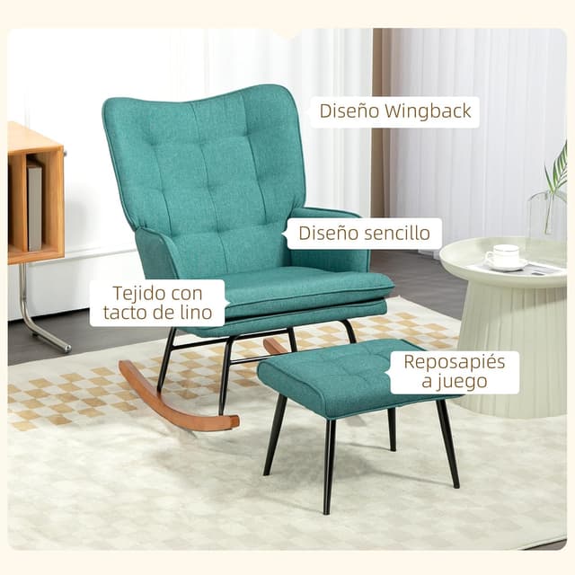 Thumbnail 4 de HOMCOM Silla Mecedora con Reposapiés Verde Azulado