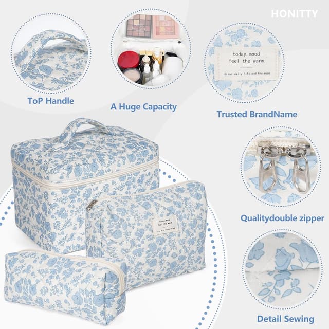 Detalle de Quilted Floral Makeup Bag Set, 3-Piece