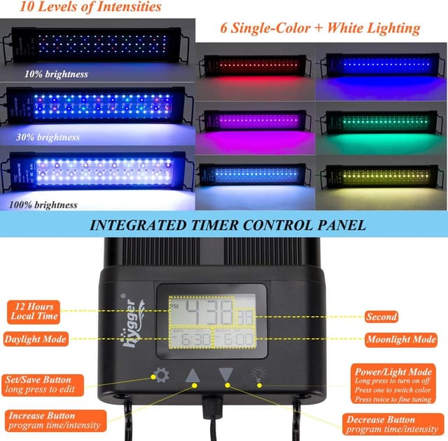Detalle 2 de hygger Aquarium LED Beleuchtung 48W (Vollspektrum) mit LCD-Timer, Sunrise/Sunset & Moonlight für 76–91 cm