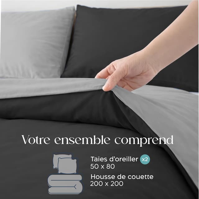 Detalle 2 de Twinzen Housse de couette 200x200 réversible en microfibre grise, avec 2 taies 50x80