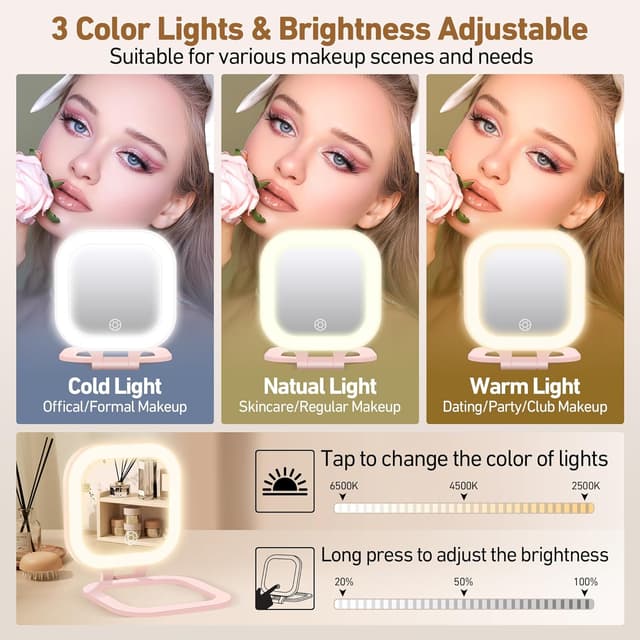 Detalle de GOMIPURU Travel Mirror with Light (1x/30x) with Adjustable Brightness, 3 Color LEDs and Tweezer