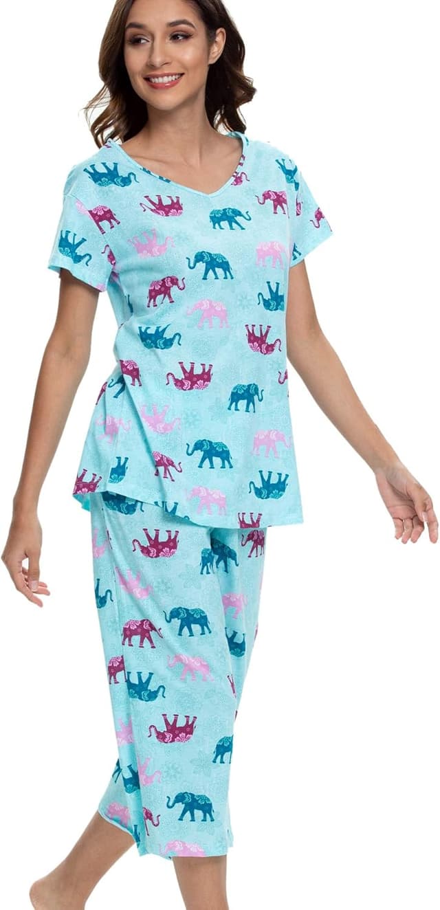 Detalle de ENJOYNIGHT Women’s Cotton Pajama Set (Short-Sleeve Top + Capri Pants)