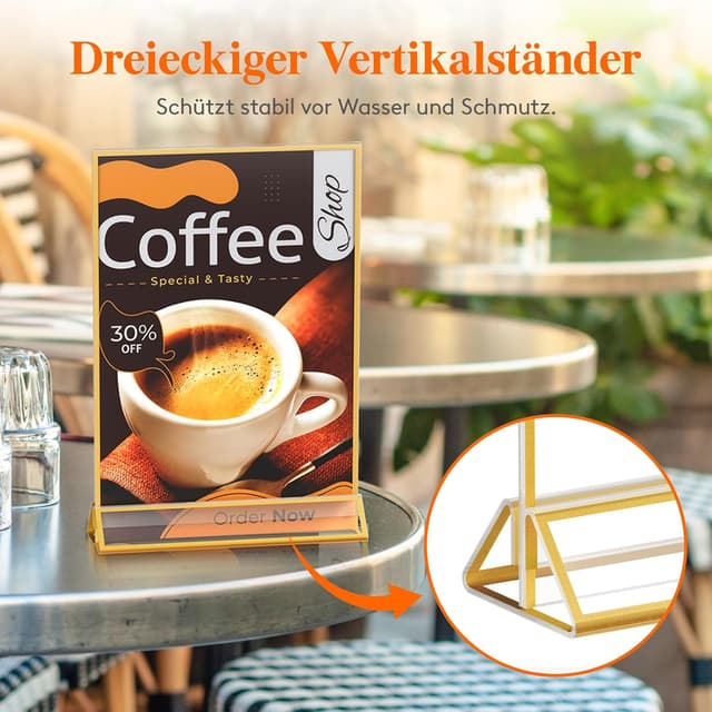 Detalle 2 de Lifewit 6er Pack Tischaufsteller A5 aus Acryl mit goldenen Rändern (doppelseitig) – Menü- & Tischnummernhalter