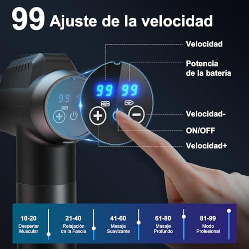 Detalle 2 de Pistola de Masaje Muscular 99 Niveles, Cabezales y Pantalla LCD 😊