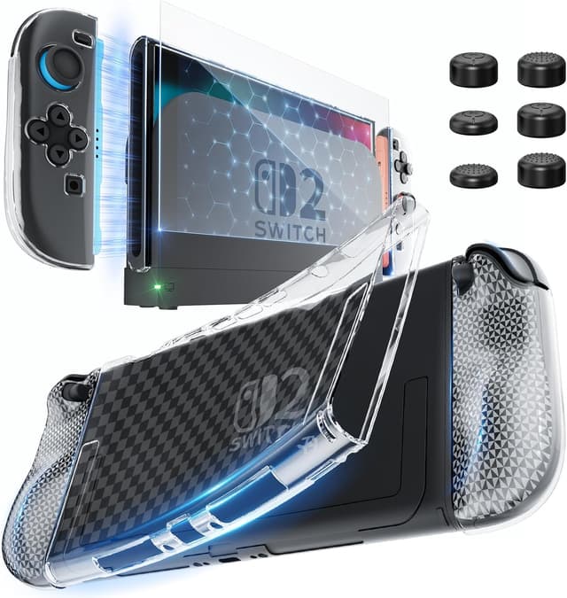 Imagen de HEYSTOP Carcasa para Nintendo Switch 2, Funda Protectora Transparente de TPU Suave Acoplable para Nintendo Switch 2 Joycon Grips con Protector de Pantalla de Vidrio Templado y 6 Tapas para Joysticks en OfertitasTOP