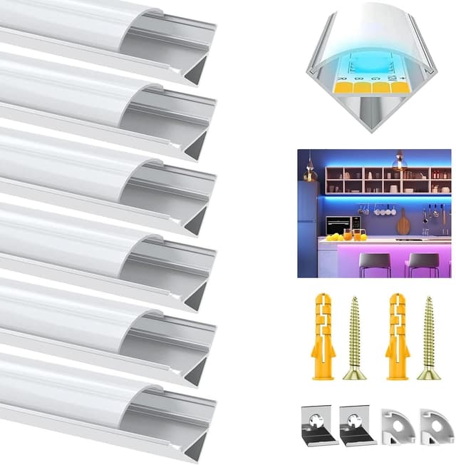 Detalle de VEANANO V-Shape LED profile diffuser channel kit (6-pack) with milky cover, end caps and mounting clips