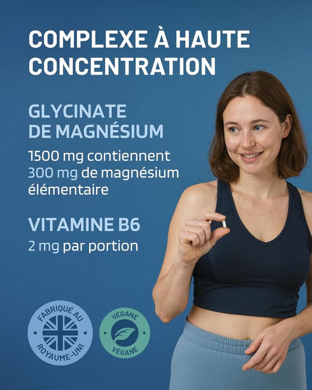 Detalle de Magnésium Bisglycinate 300 mg + Vitamine B6 PharmaZen (120 gélules vegan) pour le sommeil, le stress et la fatigue