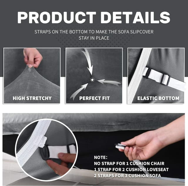 Detalle de XINEAGE Velvet 3-seater sofa cover, grey 🛋